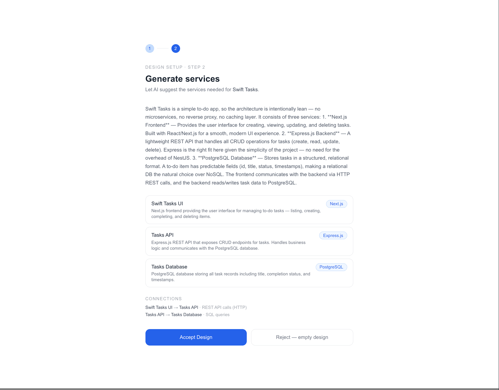 The AI-suggested system design, ready to accept or reject